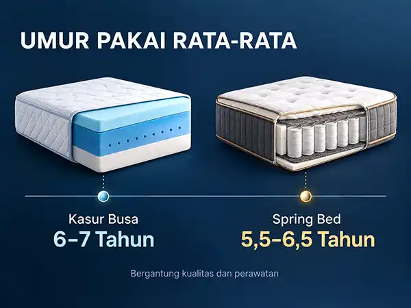 Infografik umur pakai rata-rata kasur busa 6–7 tahun dan spring bed 5,5–6,5 tahun, bergantung pada kualitas dan perawatan