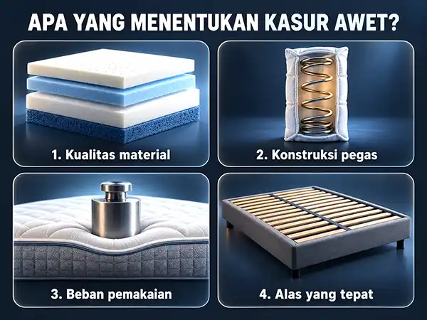 Empat faktor penentu kasur awet: kualitas material, konstruksi pegas, beban pemakaian, dan alas ranjang yang tepat