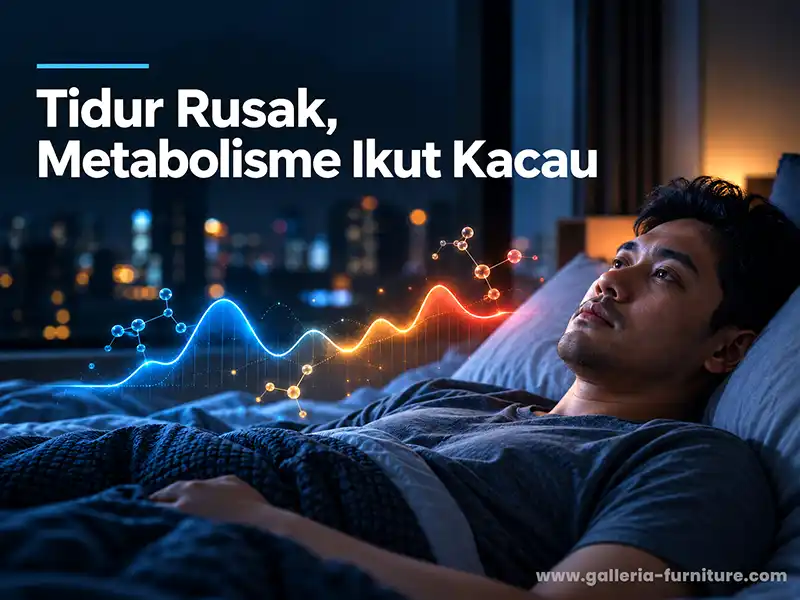 Pria terjaga di tempat tidur pada malam hari dengan ilustrasi grafik gula darah dan molekul, bertuliskan Tidur Rusak, Metabolisme Ikut Kacau