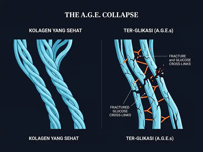 Ilustrasi mikroskopis proses glikasi kolagen akibat lonjakan gula darah malam hari