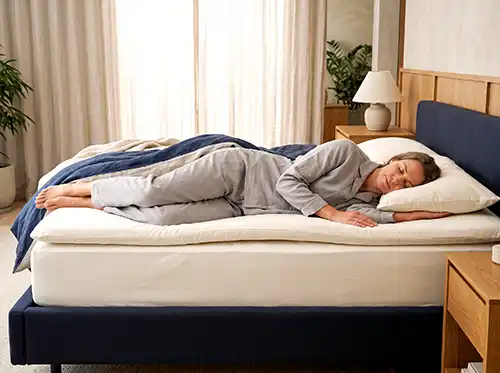 Wanita tidur menyamping di atas kasur dengan lapisan comfort layer yang empuk