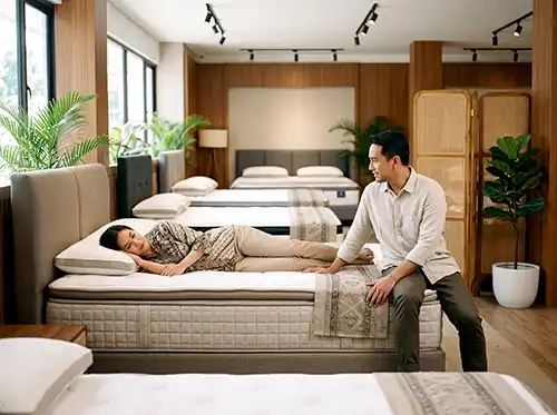 Pasangan mencoba kasur spring bed di ruang pamer sambil berkonsultasi