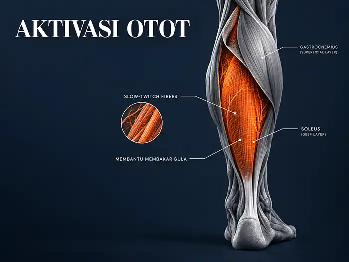 Anatomi letak otot soleus di bawah gastrocnemius pada tungkai bawah manusia