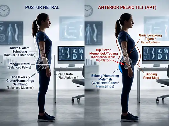 Perbandingan postur netral vs anterior pelvic tilt yang menyebabkan perut menonjol ke depan