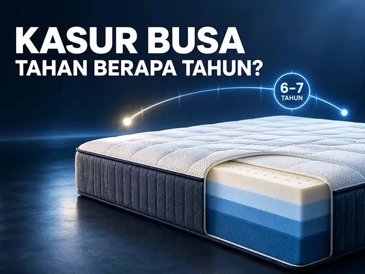 Potongan kasur busa berlapis dengan tulisan Kasur Busa Tahan Berapa Tahun