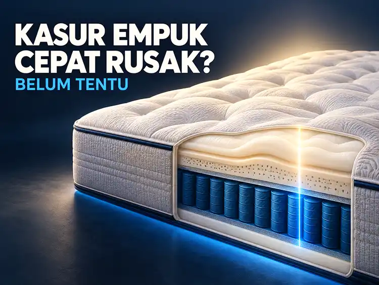 Potongan kasur empuk berlapis dengan pegas kantong dan tulisan Kasur Empuk Cepat Rusak, Belum Tentu