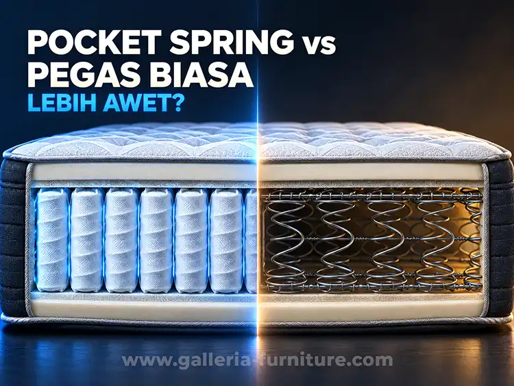 Potongan kasur membandingkan pocket spring berbungkus kain dengan pegas biasa yang saling terhubung, bertuliskan Pocket Spring vs Pegas Biasa, Lebih Awet?